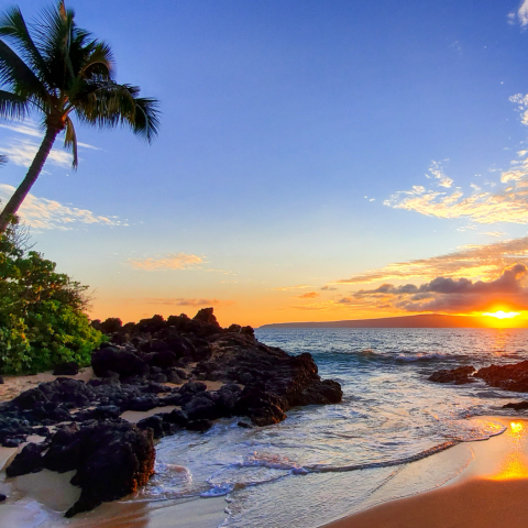 Makena Secret Beach at sunset in Maui, Hawaii