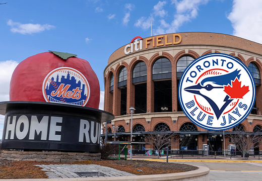 Exterior view of Citi Field and the Toronto Blue Jays Logo