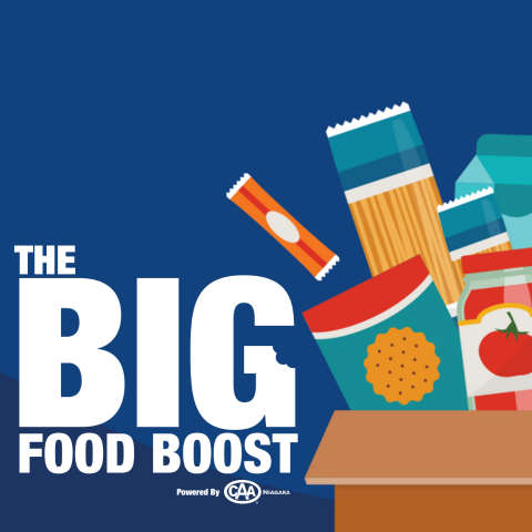 The Big Food Boost Logo with a Box of Food Donations