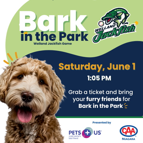 Dog with Pets Plus Us and Welland Jackfish Logos, and Event Details