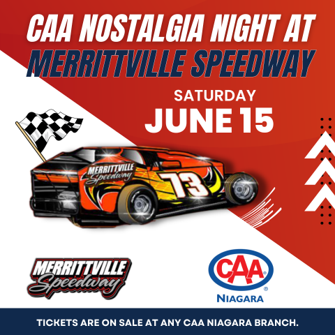 Race flag and car with CAA Niagara and Merrittville Speedway logos