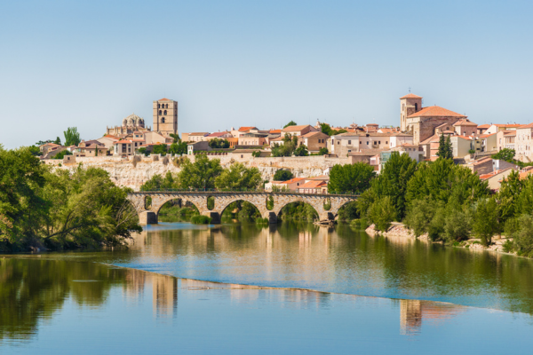 Panorama of Zamora with Romanesque style cathedral and ancient bridge over Duero river
