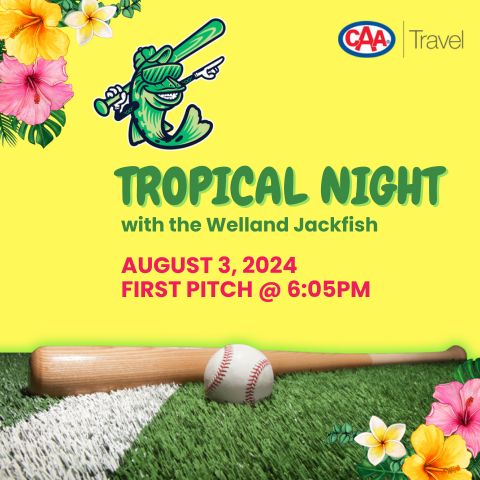 Baseball, Baseball Bat and Tropical Flowers with CAA Travel and Welland Jackfish Logos