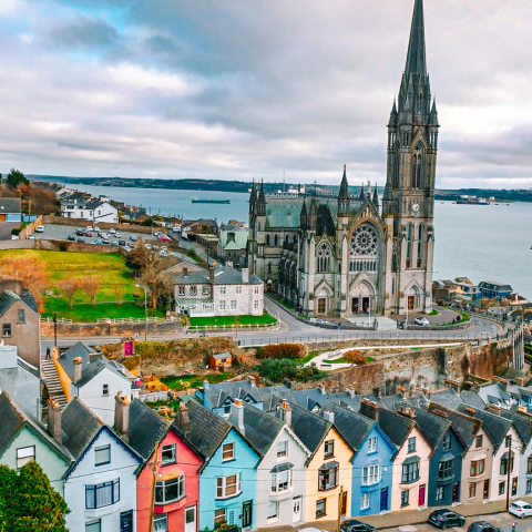 "Deck of Cards" houses and Cobh cathedral in the background