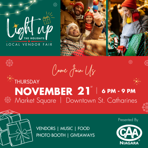 photos of a family and a woman shopping. Light Up the Holiday event details and logo