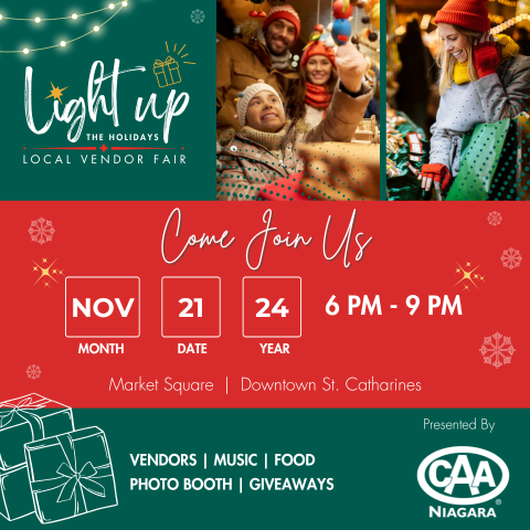 photos of a family and a woman shopping. Light Up the Holiday event details and logo