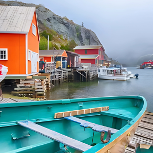 coastline with canoes