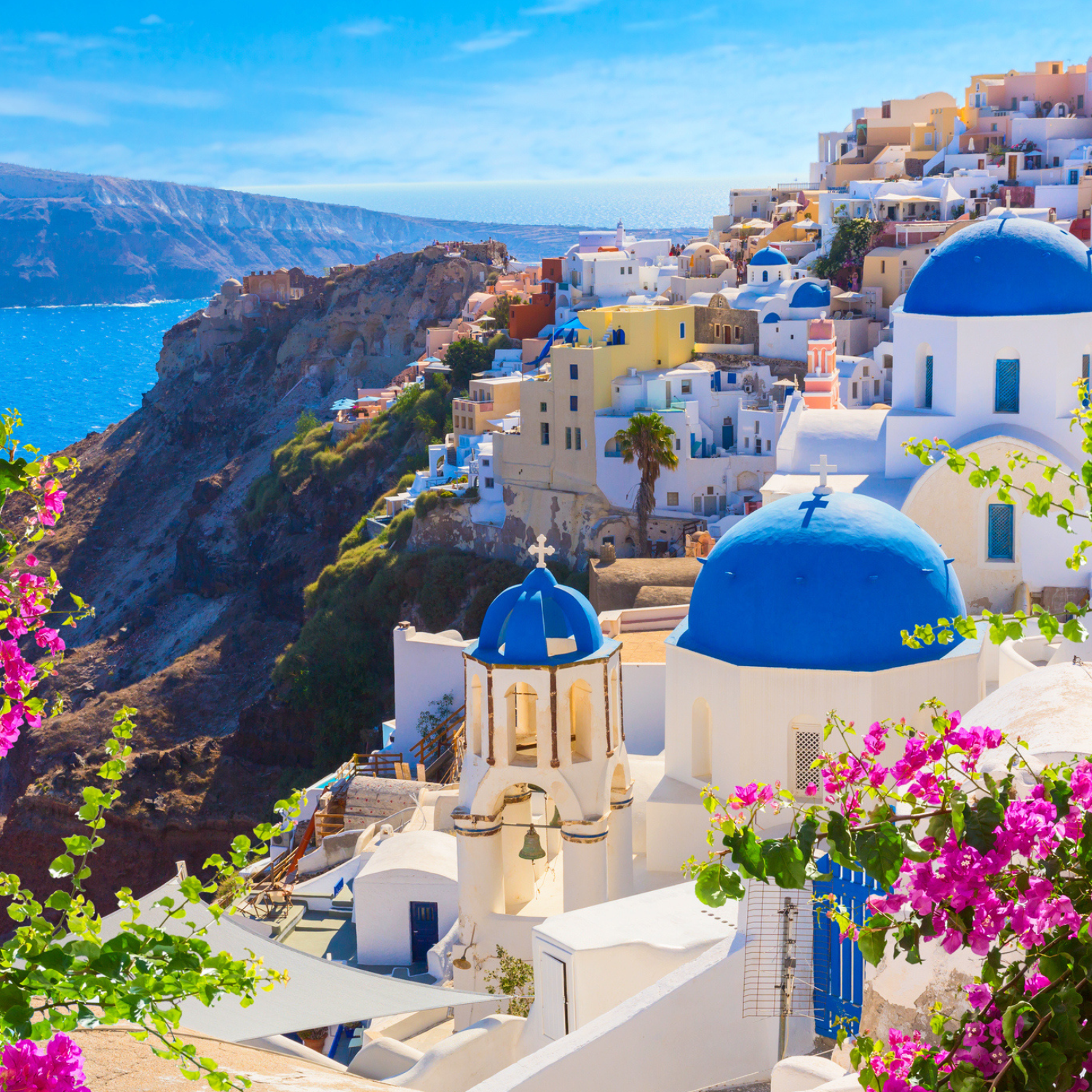 Aerial view of Greece on mountaintop with ocean in distance