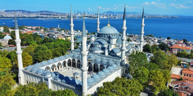 Aerial view of the Blue Mosque in Istanbul, Turkey