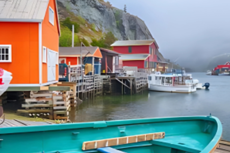 coastline with canoes