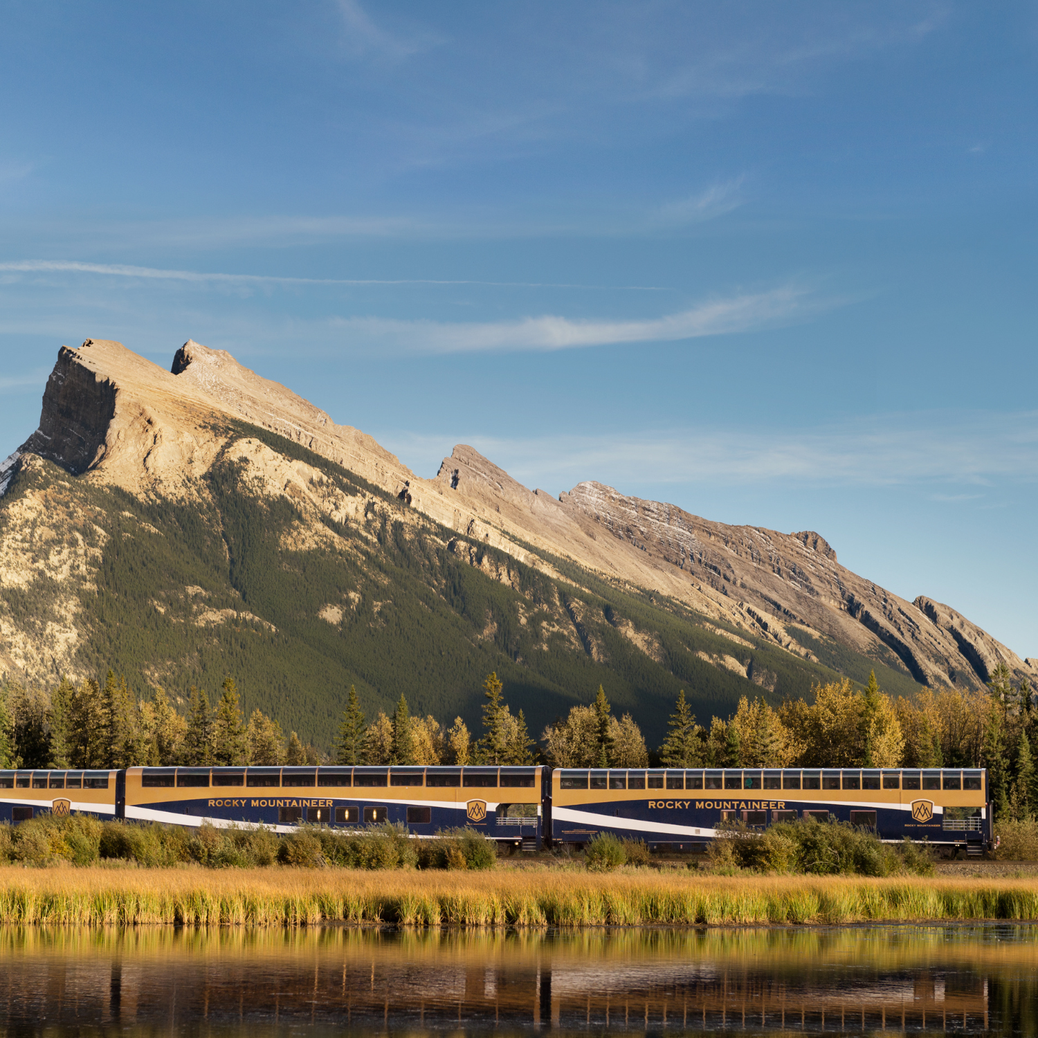 Train passing the Canadian Rockies