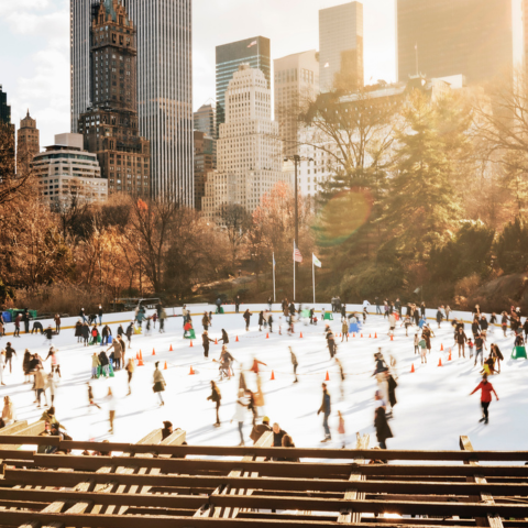 Central park of new york city during winter with several ice skaters