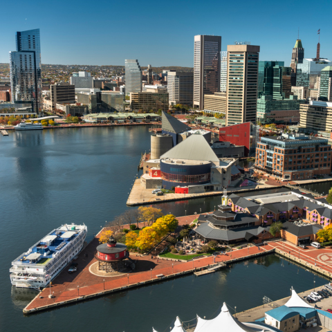 Baltimore Maryland downtown city skyline and Inner Harbour by the Patapsco River 