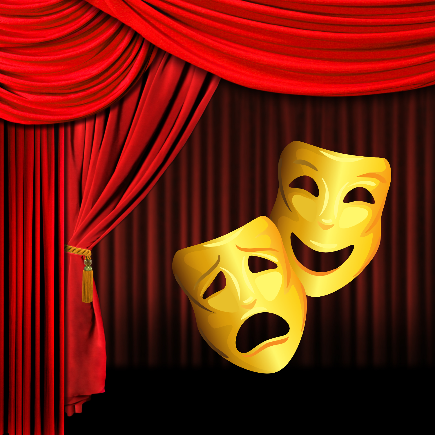 Image of theatre stage with drama masks