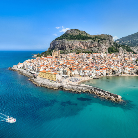 Cefalu Sicily Island Italy Summer Panorama Cefalù Coast 