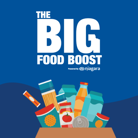 Big Food Boost Logo and Illustration of a Box of Food Donations