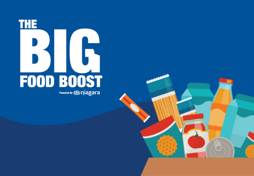 Big Food Boost Logo and Illustration of a Box of Food Donations
