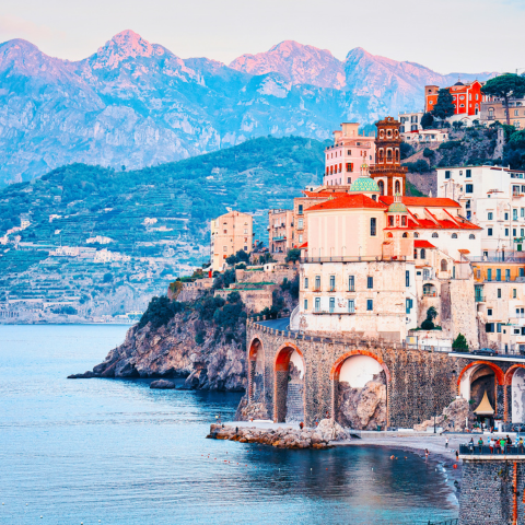 Amalfi coast town at Tyrrhenian sea in autumn