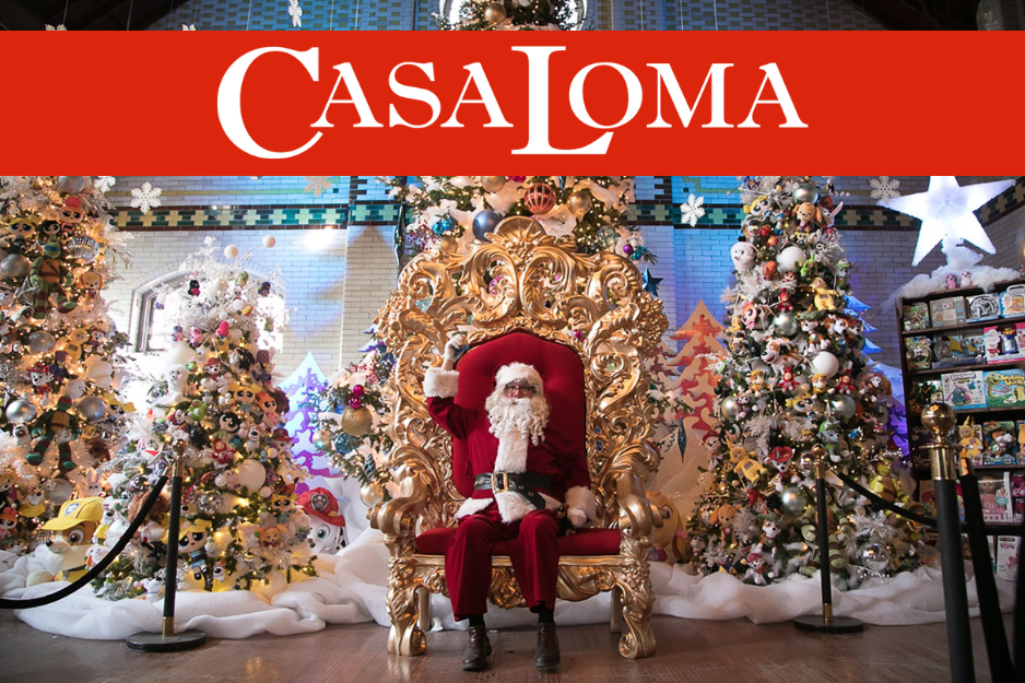 Santa Clause sitting on Christmas set at Casa Loma