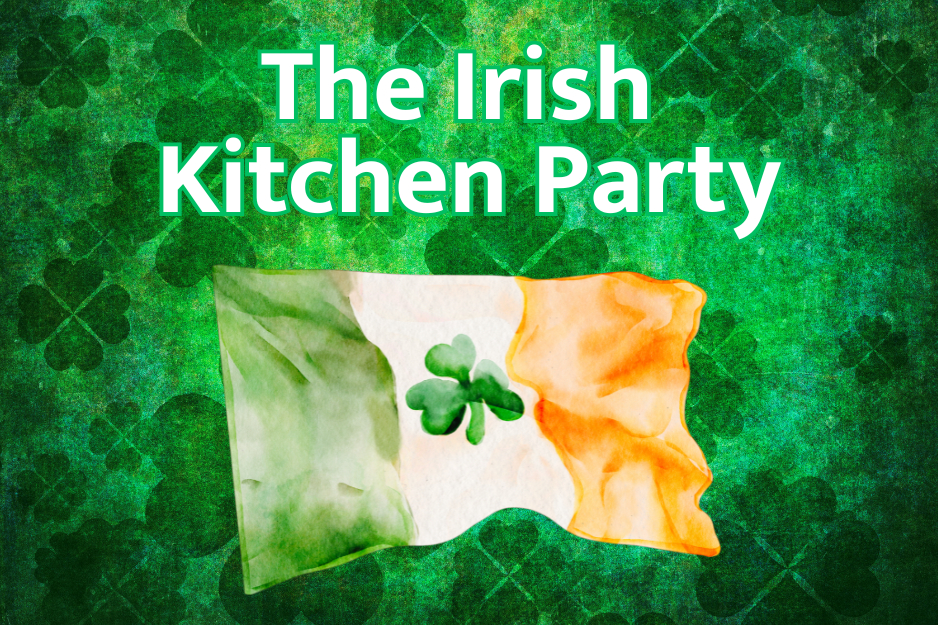 The Irish Kitchen party on a green, clover patterned background