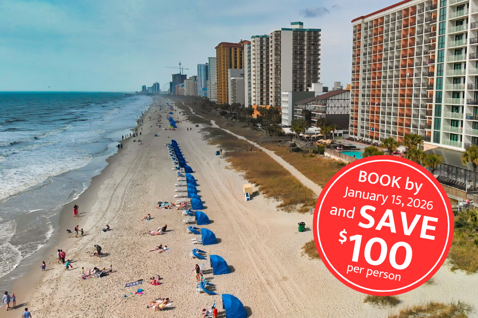 Aerial view of Myrtle Beach, South Carolina. Buildings and beach at sunset.
