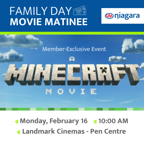 A Minecraft Movie logo in a blue sky with clouds