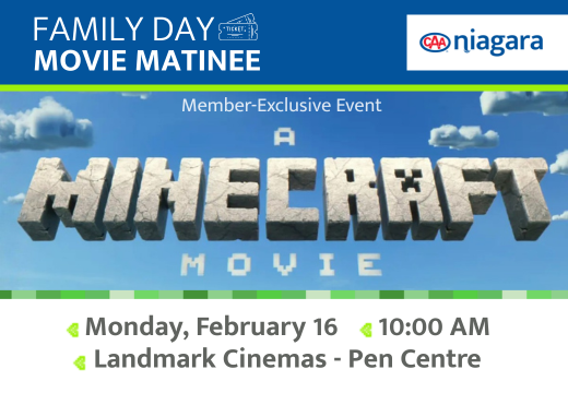 A Minecraft Movie logo in a blue sky with clouds