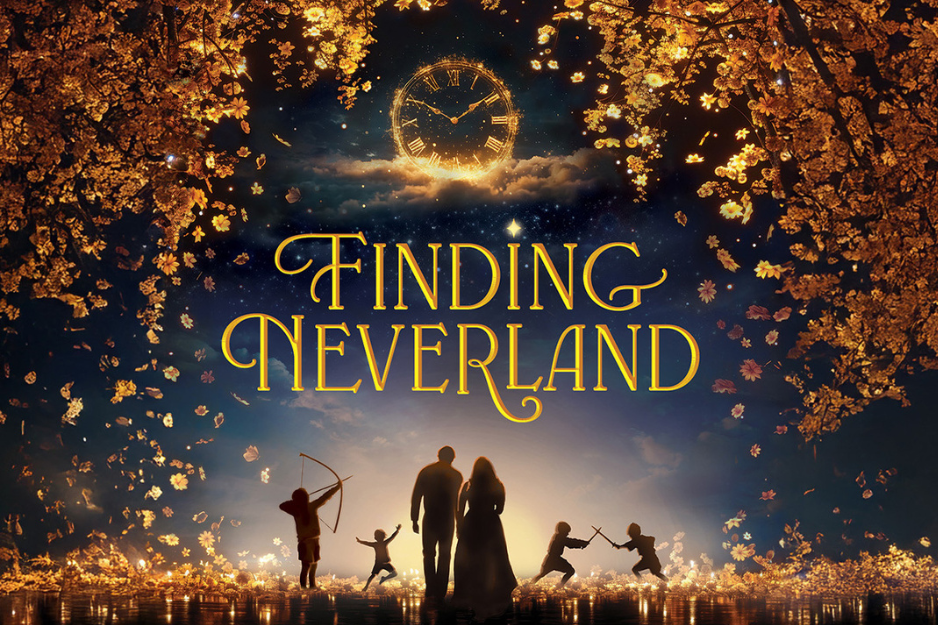 Finding Neverland title above silhouettes of people walking and playing with glowing florals surrounding them