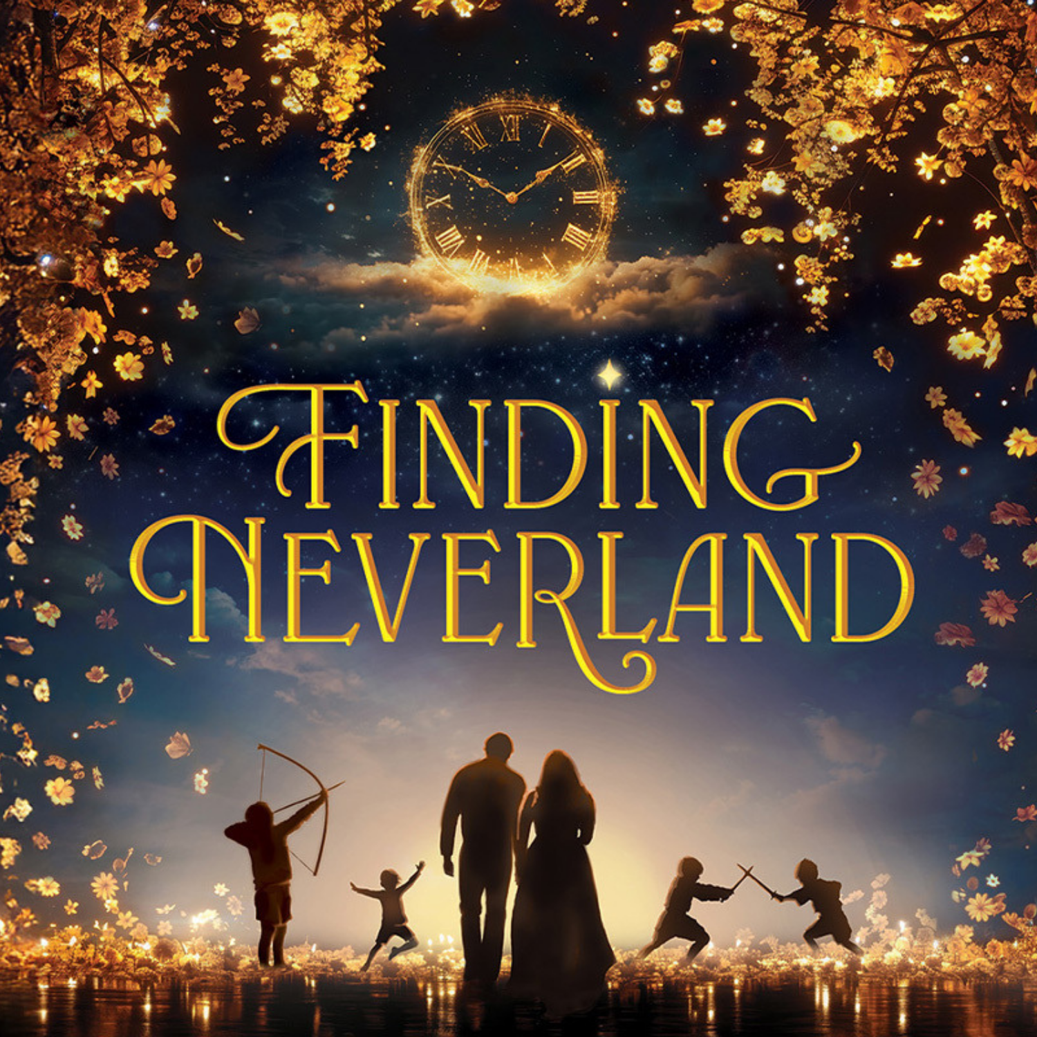 Finding Neverland title above silhouettes of people walking and playing with glowing florals surrounding them