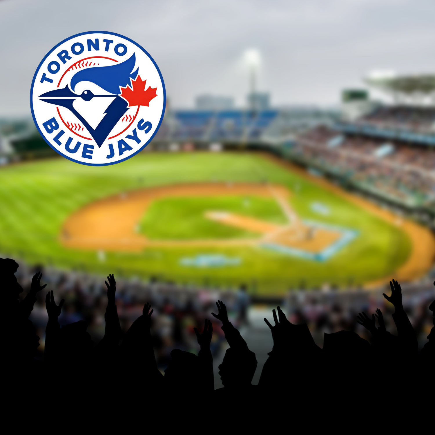 baseball field with fans cheering and Toronto Blue Jays Logo