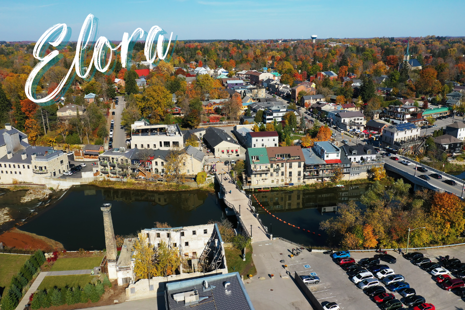 An aerial of downtown Elora, Ontario, Canada