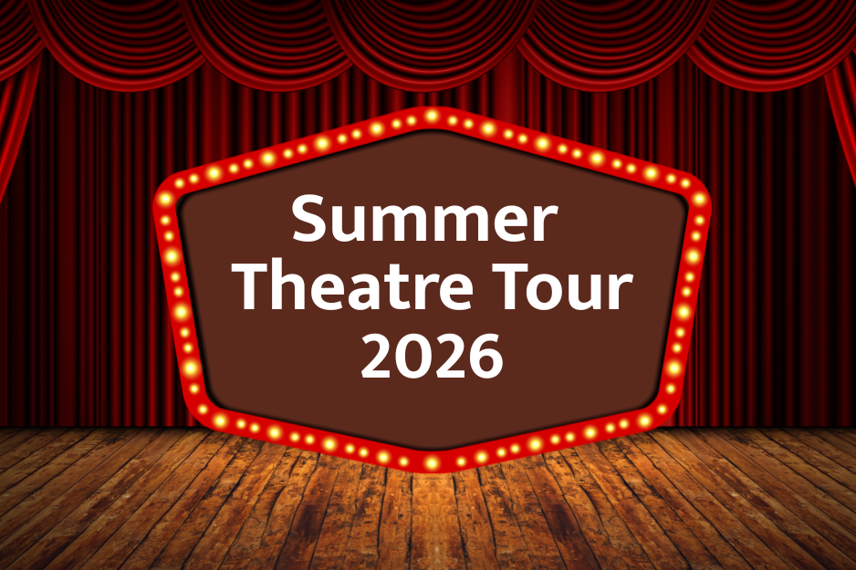 theatre curtains with spotlight saying summer theatre tour