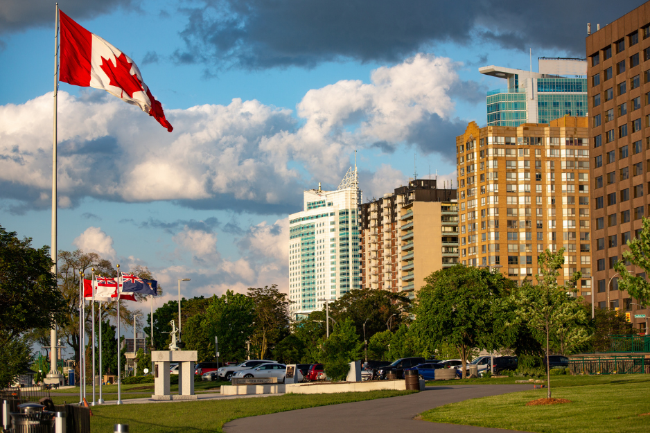 downtown Windsor, Ontario with Canadian flag