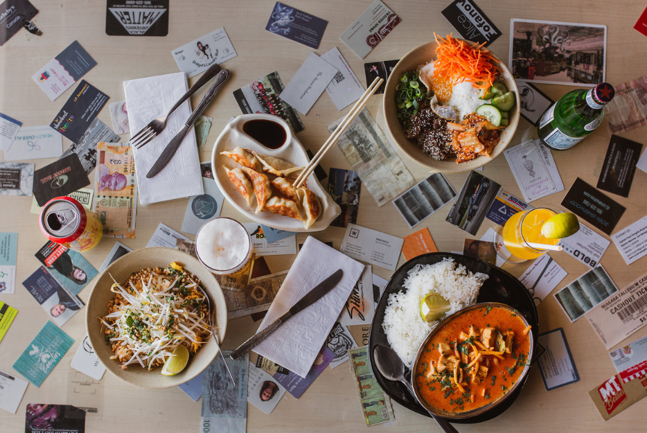 various international foods on a table