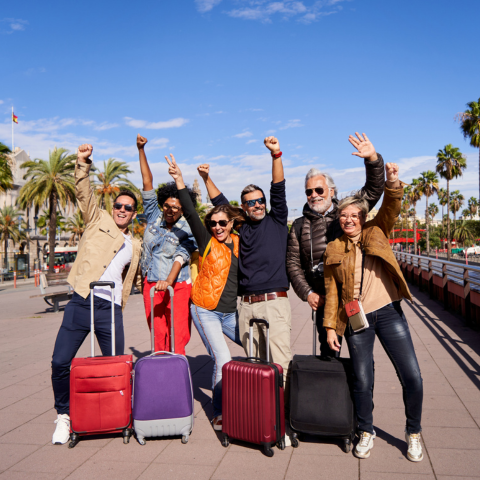 Group of friends happily celebrating their holidays