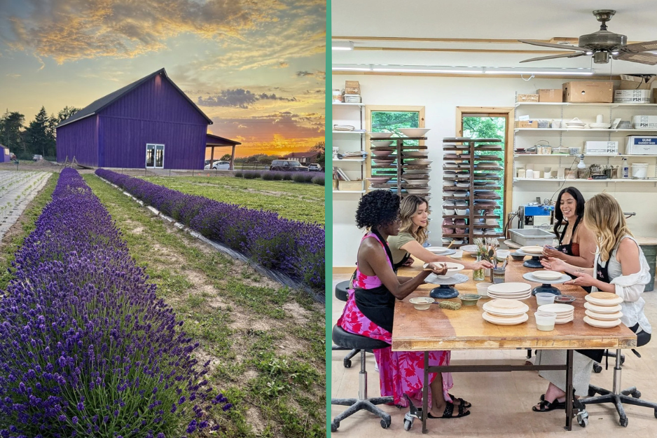 lavender field and group of women doing pottery together indoors