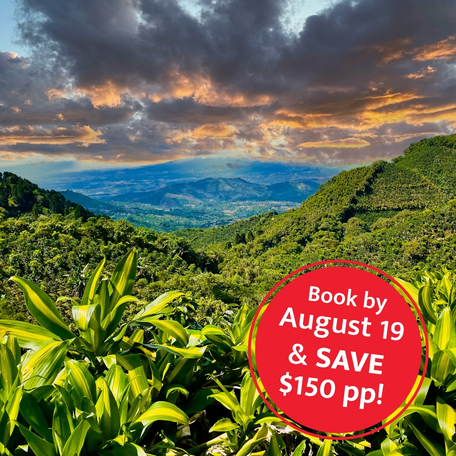 Costa Rica Sunset with mountains and lush greenery