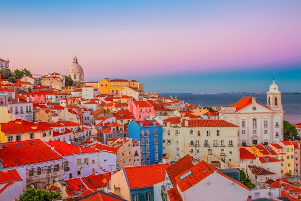 view of Alfama old town at sunset, Lisbon, Portugal