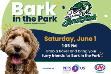 Dog with Pets Plus Us and Welland Jackfish Logos, and Event Details