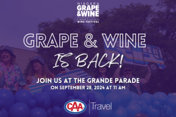 Photos faded in the Background of the 2023 Grape & Wine Parade - Text in Foreground with Date & Time of 2024 Parade