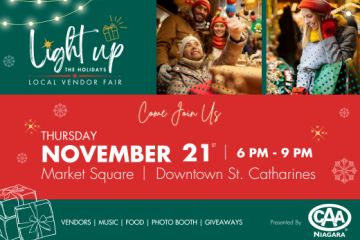 photos of a family and a woman shopping. Light Up the Holiday event details and logo