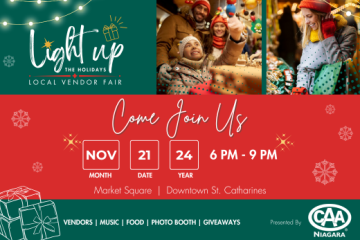 photos of a family and a woman shopping. Light Up the Holiday event details and logo