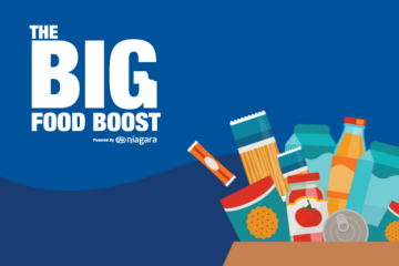 Big Food Boost Logo and Illustration of a Box of Food Donations