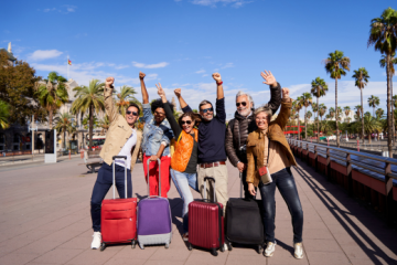 Group of friends happily celebrating their holidays