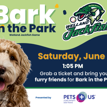 Dog with Pets Plus Us and Welland Jackfish Logos, and Event Details