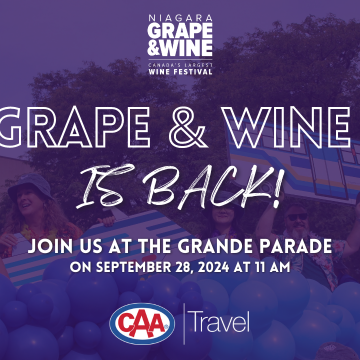 Photos faded in the Background of the 2023 Grape & Wine Parade - Text in Foreground with Date & Time of 2024 Parade