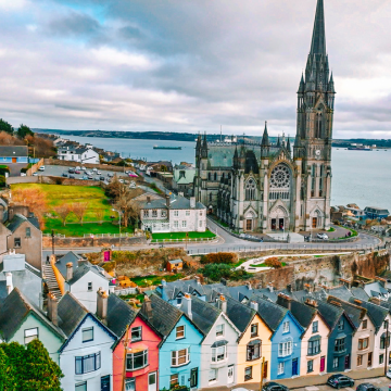 "Deck of Cards" houses and Cobh cathedral in the background