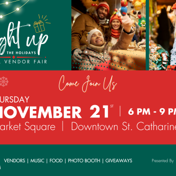 photos of a family and a woman shopping. Light Up the Holiday event details and logo