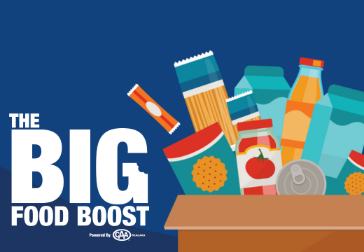 The Big Food Boost Logo with a Box of Food Donations