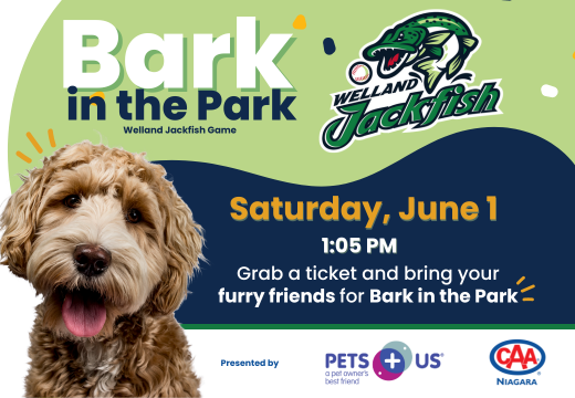 Dog with Pets Plus Us and Welland Jackfish Logos, and Event Details